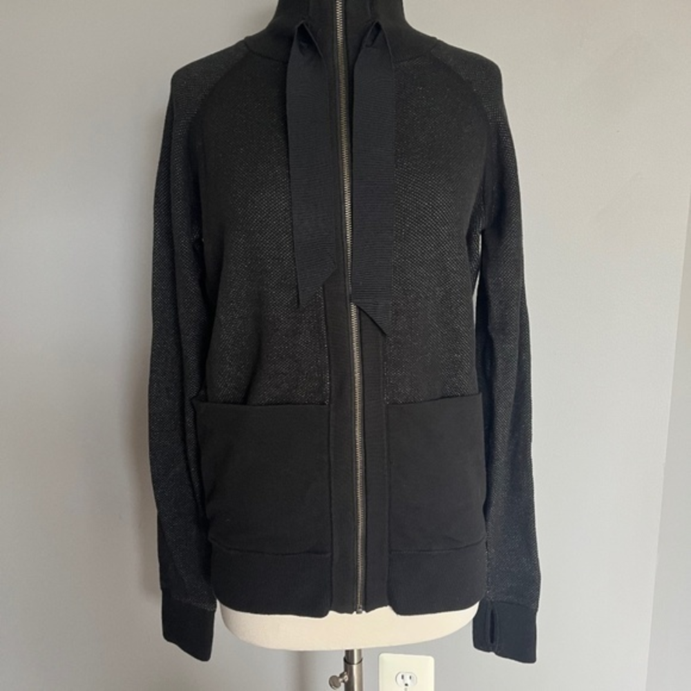 Lululemon Ribbon Detail‎ Full Zip Black Cotton Collared Popcorn Jacket Sweater